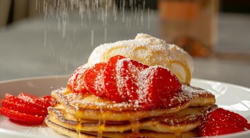 Fluffy Pancakes, Strawberries, Cream & Honey