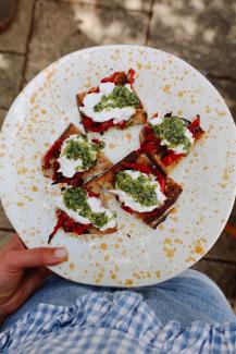 Balsamic pepper, burrata Bruschetta with pistachio pesto 